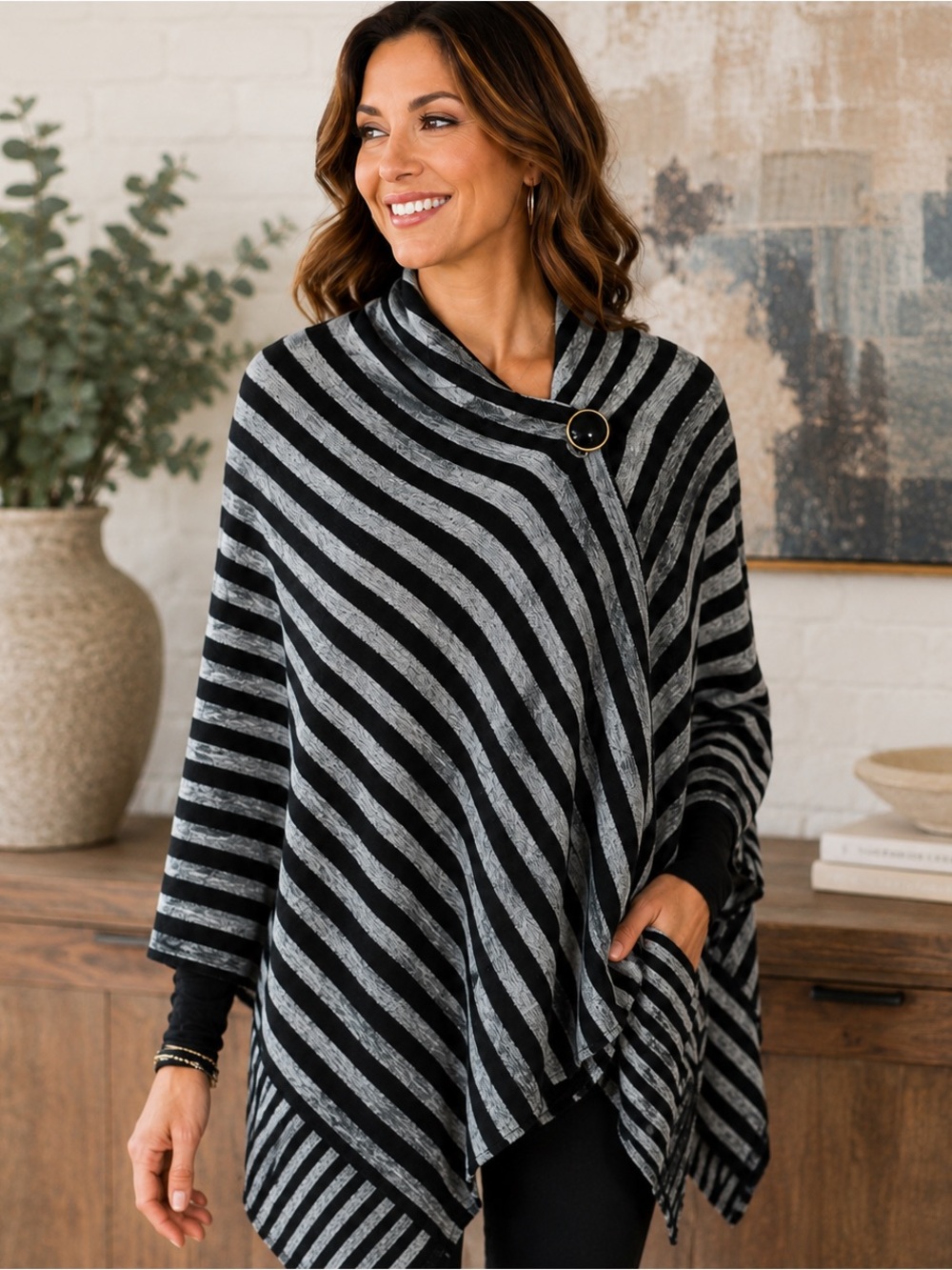 Bobeau Womens M Black Gray Striped Asymmetrical Cardigan Wrap Poncho
